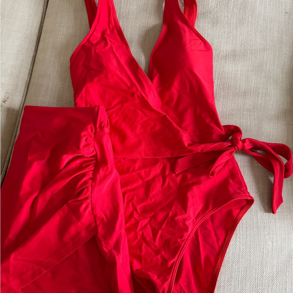 Quince Red One Piece Swimsuit and skirt